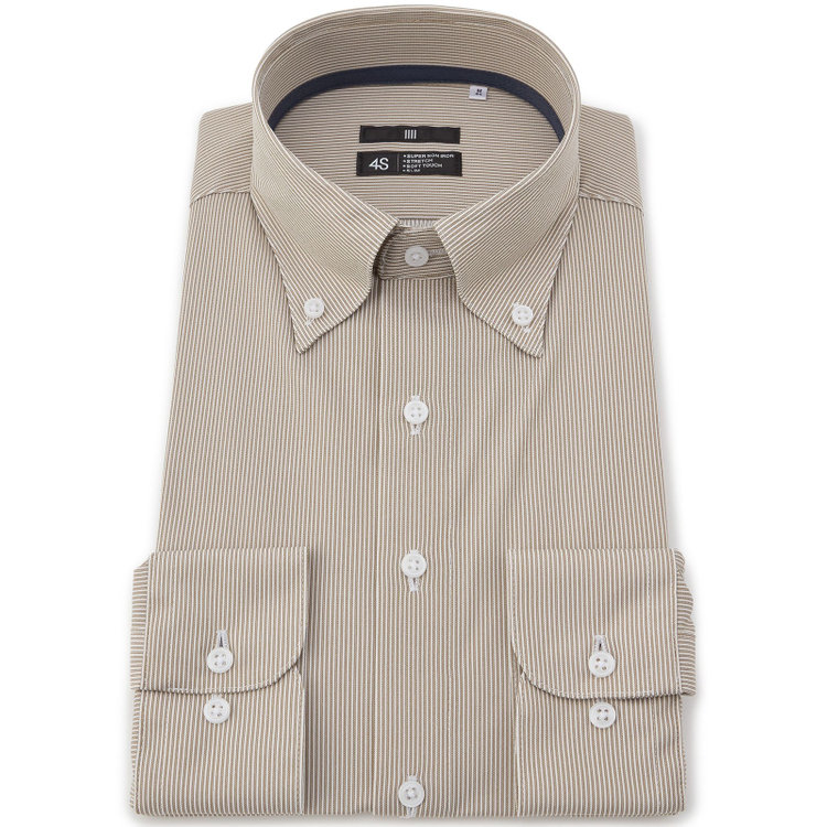 【発送在庫あり】【WEB限定】【BLACK LINE】ボタンダウンワイシャツ/ブラウン×ホワイトストライプ/「4S」スーパーノンアイロン・ストレッチ