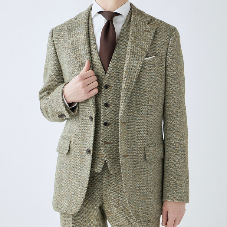 シルバーライン 【CLASSICO TAPERED】【秋冬】ウール2釦ジャケット/ベージュ×チェック+ツイード/Harris Tweed hand woven in the outer hebrides of scotland 茶淡色