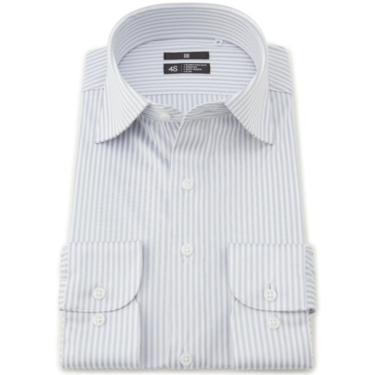 ブラックライン 【発送在庫あり】【WEB限定】【BLACK LINE】ワイドカラーワイシャツ/グレー＆ホワイト×ストライプ/「4S」スーパーノンアイロン・ストレッチ グレー中間