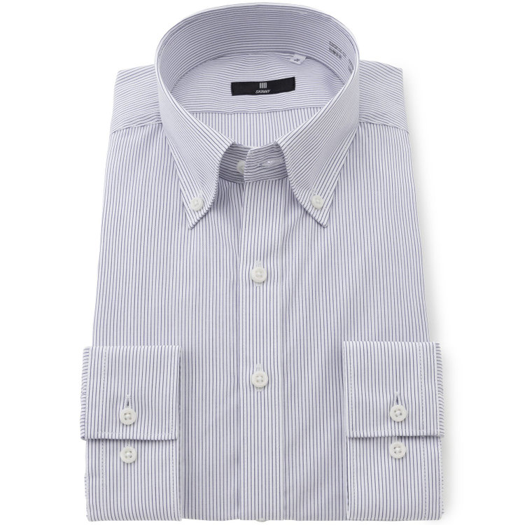 ブラックライン 【SKINNY】【形態安定】ボタンダウンドレスワイシャツ/ホワイト×ネイビーストライプ 青中間