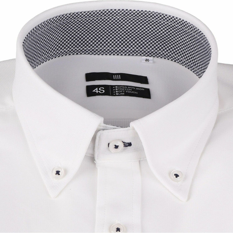 ブラックライン 【BLACK LINE】【スーパーノンアイロン】ボタンダウンドレスワイシャツ/ホワイト×ドビーストライプ/襟袖裏別布：チェック/釦付糸：ネイビー/SUPER NON IRON 4S 白