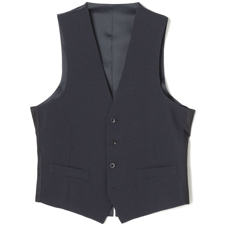 ブラックライン 【SLIM TAPERED_2】【春夏】2釦シングルスリーピーススーツ 0タック/ネイビー×チェック/ウエストシャーリング/4S SUSTAINABILITY&ECOLOGY FABRIC/※パンツ裾上げ済仕様 紺濃色