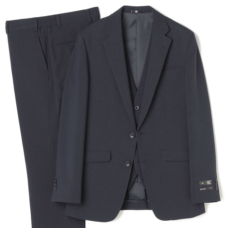 ブラックライン 【SLIM TAPERED_2】【春夏】2釦シングルスリーピーススーツ 0タック/ネイビー×チェック/ウエストシャーリング/4S SUSTAINABILITY&ECOLOGY FABRIC/※パンツ裾上げ済仕様 紺濃色