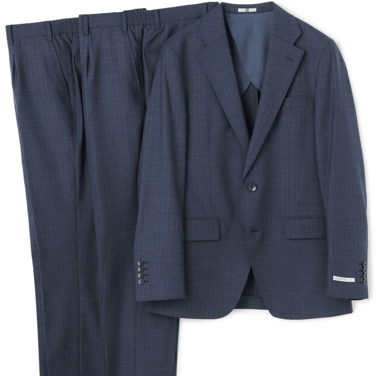 シルバーライン 【発送在庫あり】【CLASSICO TAPERED】【年間】スペアパンツ付き/2釦シングルスーツ 1タック/ネイビー×ストライプ/ウエストシャーリング仕様/ウォッシャブル/※裾上げ必要 青中間