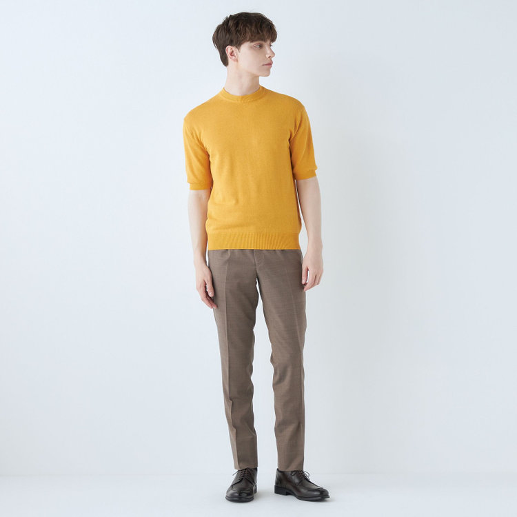 スーツセレクト 【RBC】【半袖】和紙コットンブレンドクルーネックニットシャツ/イエロー 黄中間