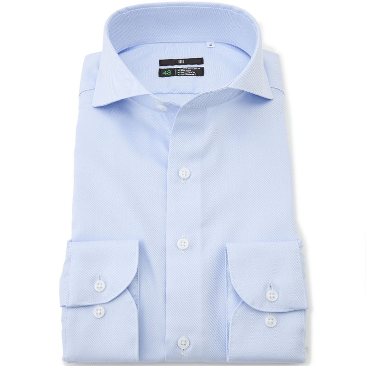 スーツセレクト 【発送在庫あり】【BLACK LINE】ホリゾンタルワイドワイシャツ/ブルー×ドビー/「4S COTTON」スーパーノンアイロン・ストレッチ 青中間