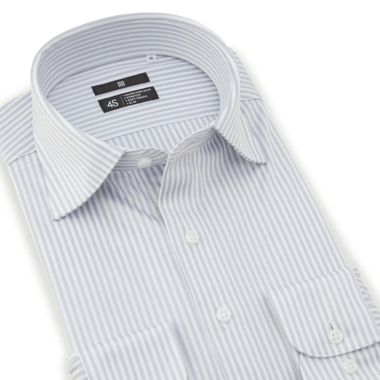 ブラックライン 【発送在庫あり】【WEB限定】【BLACK LINE】ワイドカラーワイシャツ/グレー＆ホワイト×ストライプ/「4S」スーパーノンアイロン・ストレッチ グレー中間