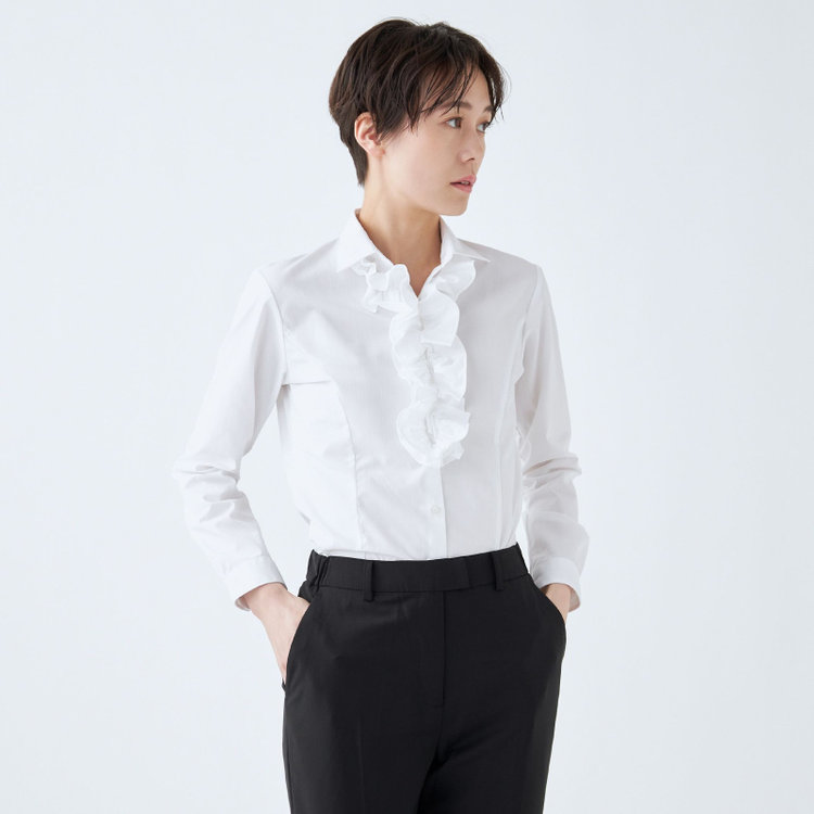 ソノタ 【SUIT SELECT×Samantha Thavasa】【長袖】リボン&フリル取り外しスキッパー/ホワイト×ドビーストライプ 白