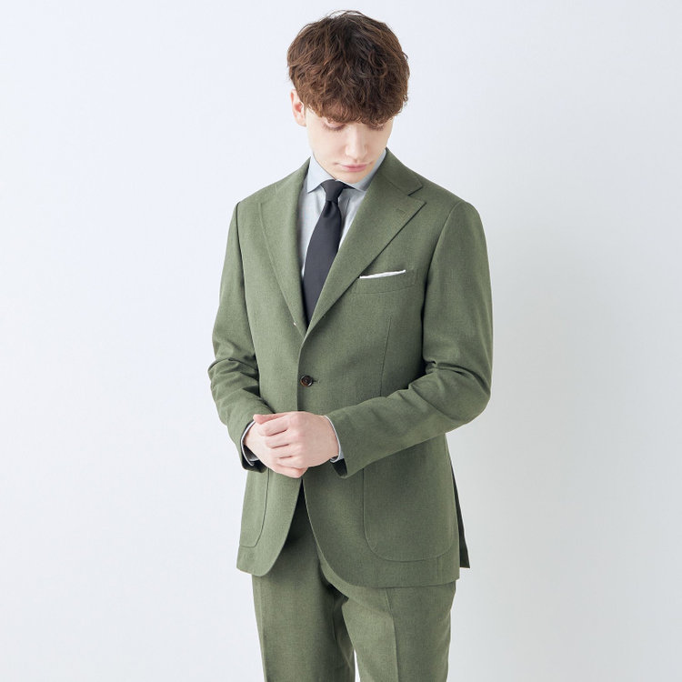 シルバーライン 【RBC】【春夏】3釦段返りシングルスーツ 2タック/カーキ/パッチポケット/ドローコード&ウエストシャーリング/※パンツ裾上げ済仕様 緑中間