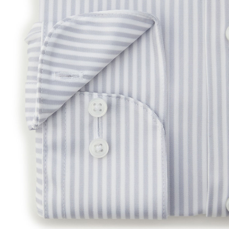 ブラックライン 【発送在庫あり】【WEB限定】【BLACK LINE】ワイドカラーワイシャツ/グレー＆ホワイト×ストライプ/「4S」スーパーノンアイロン・ストレッチ グレー中間