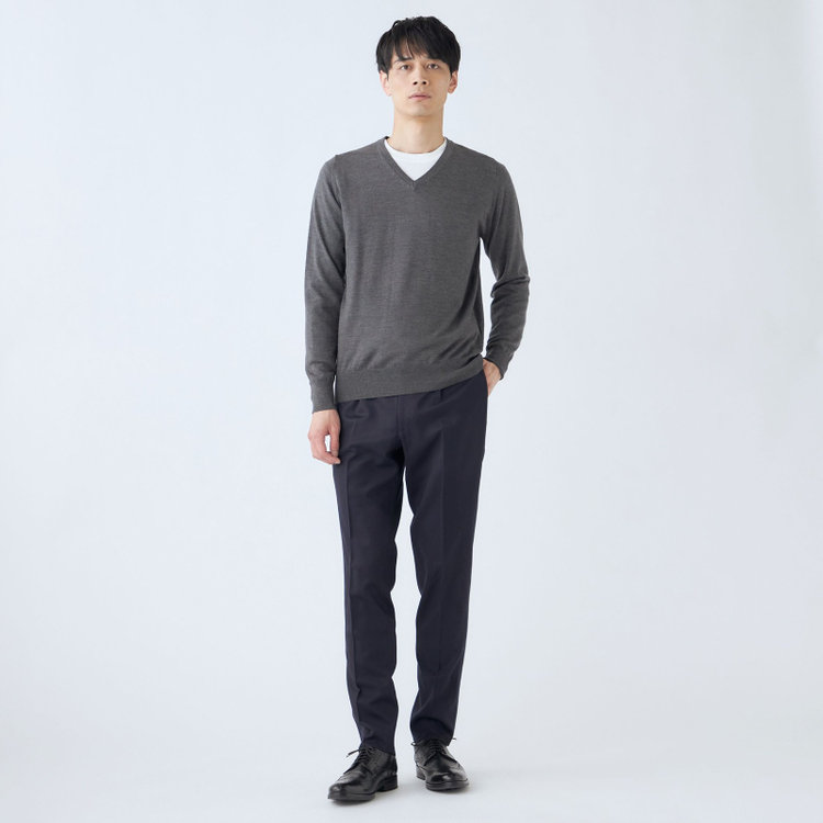 スーツセレクト 【RBC】【秋冬】ウール100％Vネックニットセーター/グレー/ZEGNA BARUFFA/マシンウォッシャブル グレー中間
