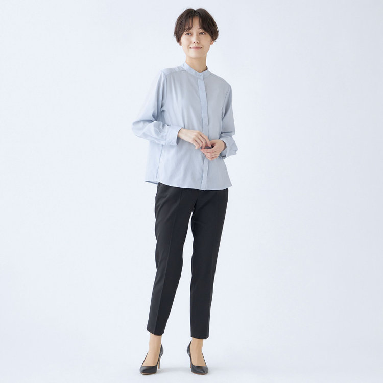 シルバーライン 【発送在庫あり】【SL/長袖】バンドカラーブラウス/比翼仕様/サックス 青淡色