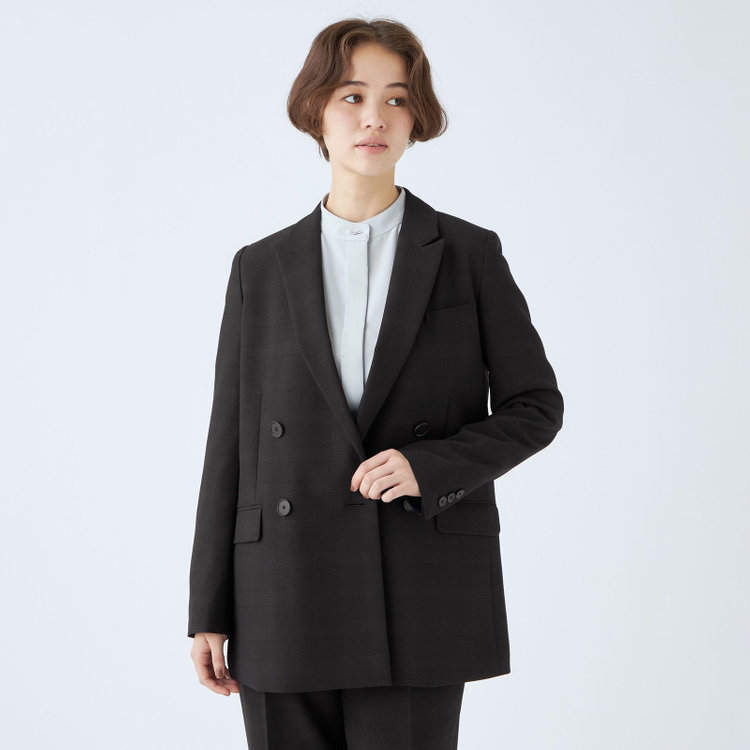 シルバーライン 【SL】【秋冬】4釦1掛けダブルパンツスーツ/ブラック×シャドーチェック/パンツウエストシャーリング/ウォッシャブル/※パンツ裾上げ済仕様 黒