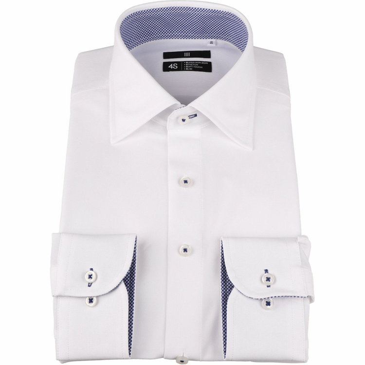 ブラックライン 【BLACK LINE】【スーパーノンアイロン】ワイドカラードレスワイシャツ/ホワイト/襟袖裏別布：チェック/釦ホール・釦付糸：ネイビー/SUPER NON IRON 4S 白