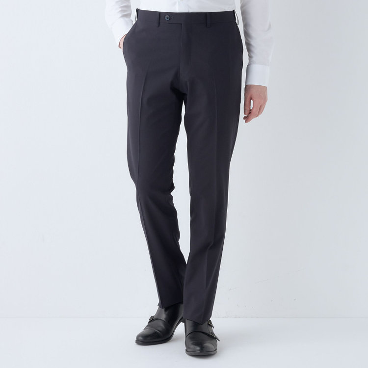 ブラックライン 【SLIM TAPERED】【春夏】0タックテーパードパンツ/ネイビー/ウエストムーブ/ウォッシャブル/4S SUSTAINABILITY&ECOLOGY FABRIC/※裾上げ済み仕様 紺濃色