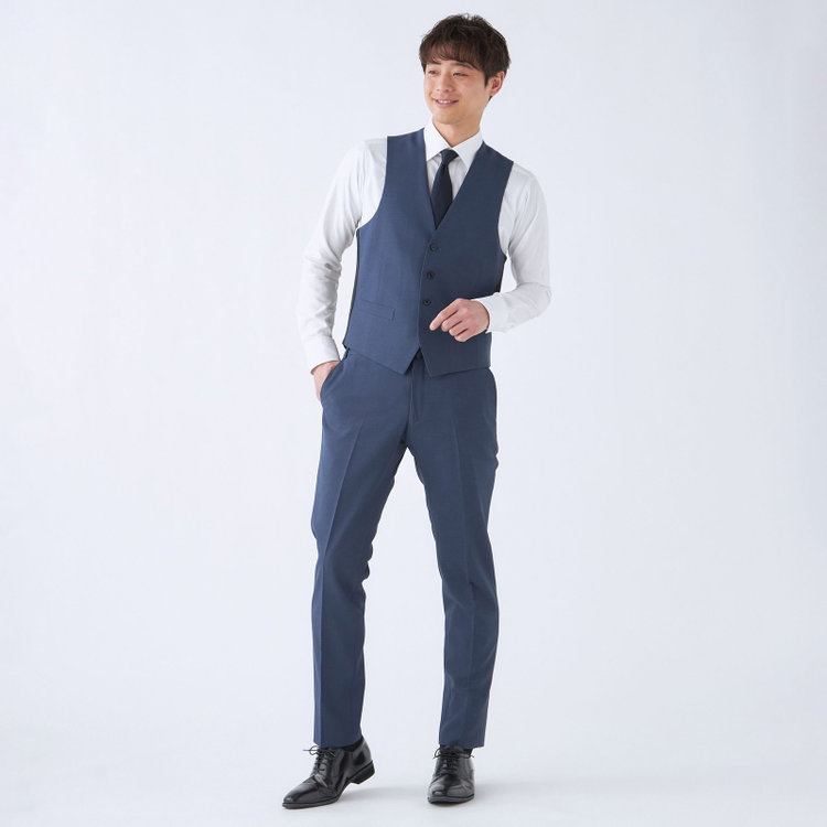 スーツセレクト 【発送在庫あり】【SLIM TAPERED_2】【春夏】2釦シングルスリーピーススーツ 0タック/ネイビーブルー×マイクロチェック/ウエストシャーリング/4S SUSTAINABILITY&ECOLOGY FABRIC/※パンツ裾上げ済仕様 ネイビー系(紺)