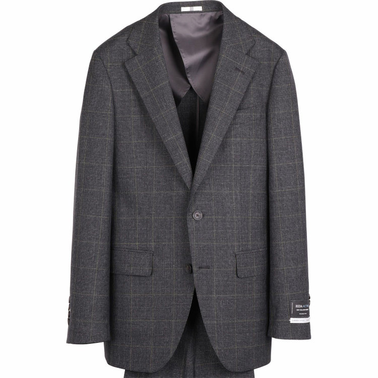 スーツセレクト 【発送在庫あり】【CLASSICO TAPERED】【秋冬】2釦シングルスーツ 1タック/グレー×チェック+グリーンオーバーペン/REDA ACTIVE/NEW ZEALAND MERINO/SHOWER CLEAN グレー系(灰)