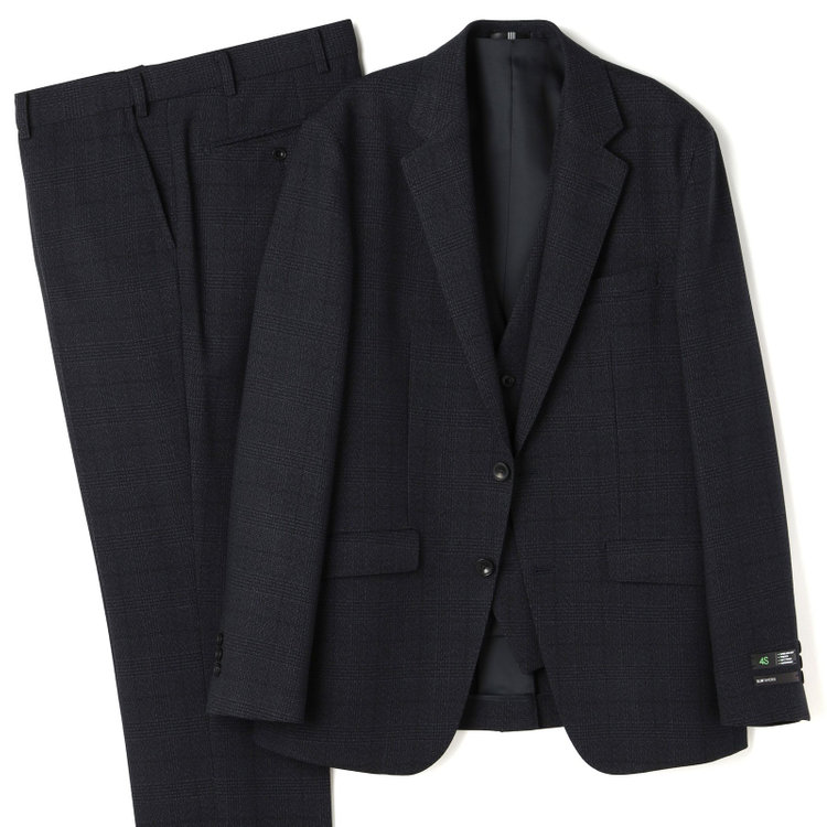 ブラックライン 【SLIM TAPERED】【秋冬】2釦シングルスリーピーススーツ 0タック/ネイビー×グレンチェック /ウエストムーブ/4S TAKE OUT SUITS / ※パンツ裾上げ済仕様 紺濃色