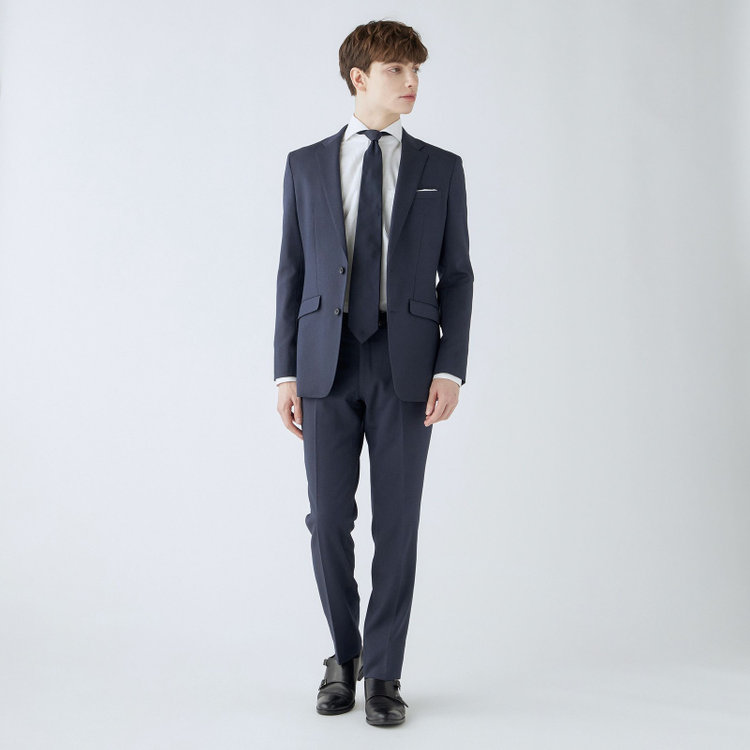 ブラックライン 【SLIM TAPERED_2】【年間】2釦シングルスーツ 0タック/ネイビー/ウエストシャーリング/4S/※パンツ裾上げ済仕様 紺濃色