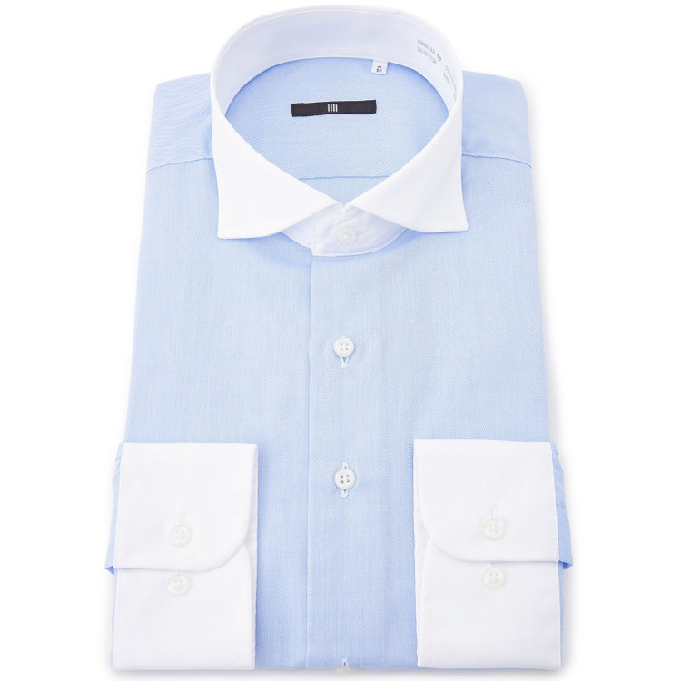 ブラックライン 【BLACK LINE】【形態安定】クレリックホリゾンタルワイドスナップダウンワイシャツ/襟袖口：ホワイト+ブルー×ソリッド 青中間