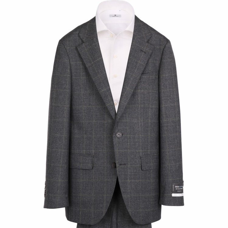 スーツセレクト 【発送在庫あり】【CLASSICO TAPERED】【秋冬】2釦シングルスーツ 1タック/グレー×チェック+グリーンオーバーペン/REDA ACTIVE/NEW ZEALAND MERINO/SHOWER CLEAN グレー系(灰)