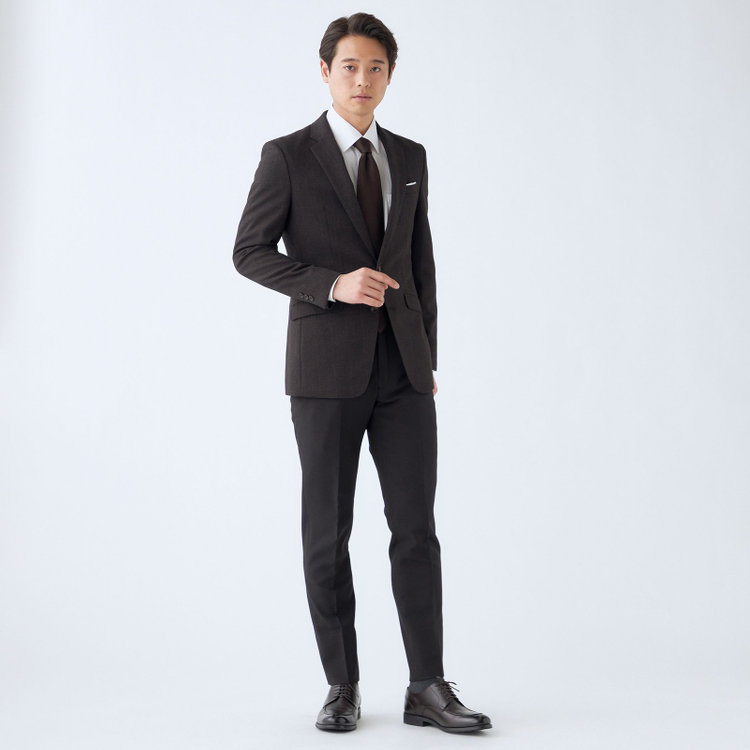 ブラックライン 【発送在庫あり】【SLIM TAPERED_2】【秋冬】コーディネートパンツ付き/2釦シングルスーツ 0タック/ブラウン×チェック+ブラックソリッドパンツ/ウエストシャーリング/4S SUSTAINABILITY/※パンツ裾上げ済仕様 茶濃色