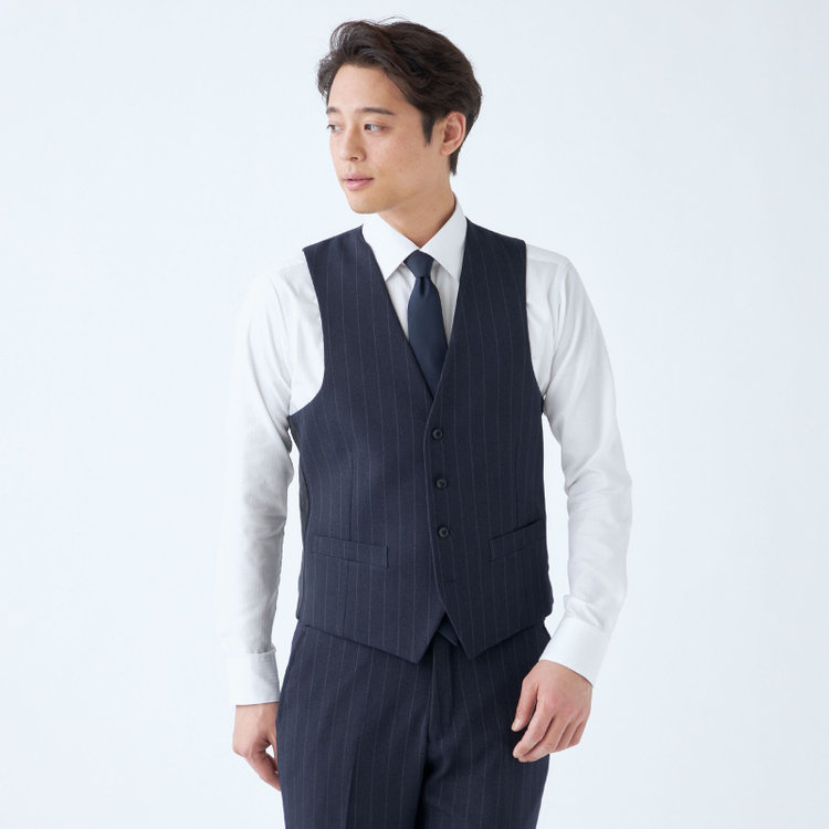 ブラックライン 【発送在庫あり】【SLIM TAPERED_2】【秋冬】2釦シングルスリーピーススーツ 0タック/ネイビー×ストライプ/ウエストシャーリング/4S SUSTAINABILITY&ECOLOGY FABRIC/※パンツ裾上げ済仕様 紺濃色