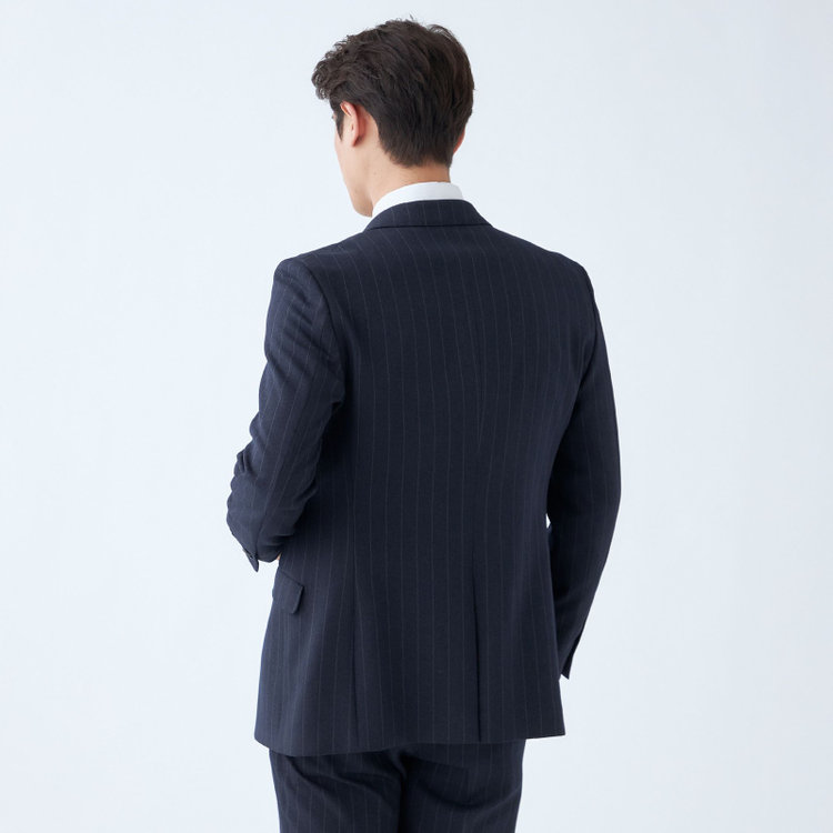 ブラックライン 【発送在庫あり】【SLIM TAPERED_2】【秋冬】2釦シングルスリーピーススーツ 0タック/ネイビー×ストライプ/ウエストシャーリング/4S SUSTAINABILITY&ECOLOGY FABRIC/※パンツ裾上げ済仕様 紺濃色