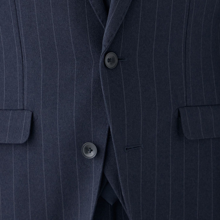 ブラックライン 【発送在庫あり】【SLIM TAPERED_2】【秋冬】2釦シングルスリーピーススーツ 0タック/ネイビー×ストライプ/ウエストシャーリング/4S SUSTAINABILITY&ECOLOGY FABRIC/※パンツ裾上げ済仕様 紺濃色