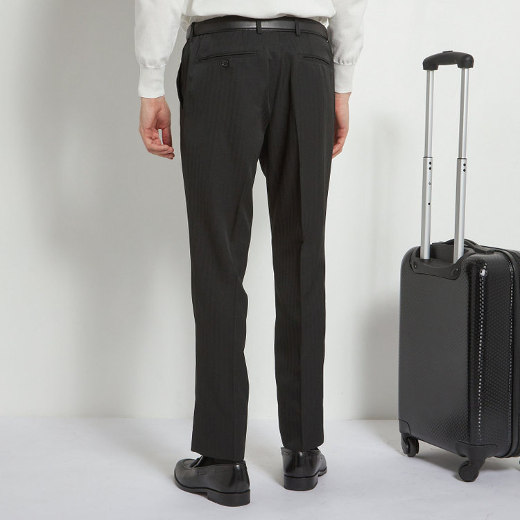 ブラックライン 【WEB限定】【発送在庫あり】【SLIM TAPERED】【年間】ウォッシャブル0タックテーパードパンツ/ブラック×シャドーストライプ/ウエストシャーリング仕様/裾上げ済仕様 黒