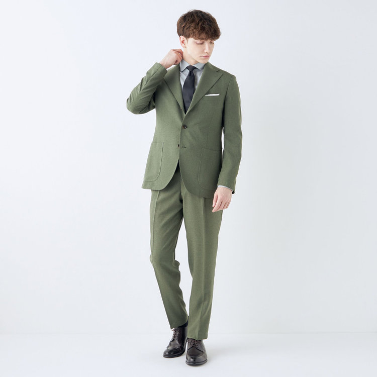 シルバーライン 【RBC】【春夏】3釦段返りシングルスーツ 2タック/カーキ/パッチポケット/ドローコード&ウエストシャーリング/※パンツ裾上げ済仕様 緑中間