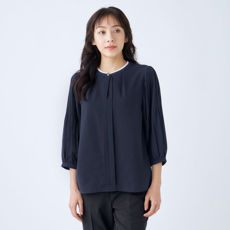 シルバーライン 【SILVER LINE/7分袖】配色切り替えバンドカラープルオーバー/ネイビー/「ウォッシャブル可能」「2WAYストレッチ」「防シワ」「UV加工」「接触冷感」 紺中間