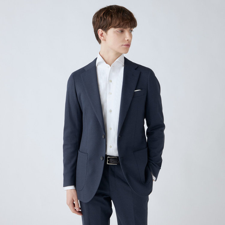 シルバーライン 【CLASSICO TAPERED】【秋冬】2釦ジャケット/ネイビー×ハウンドトゥース/パッチポケット/4S SUSTAINABILITY&ECOLOGY FABRIC 紺濃色