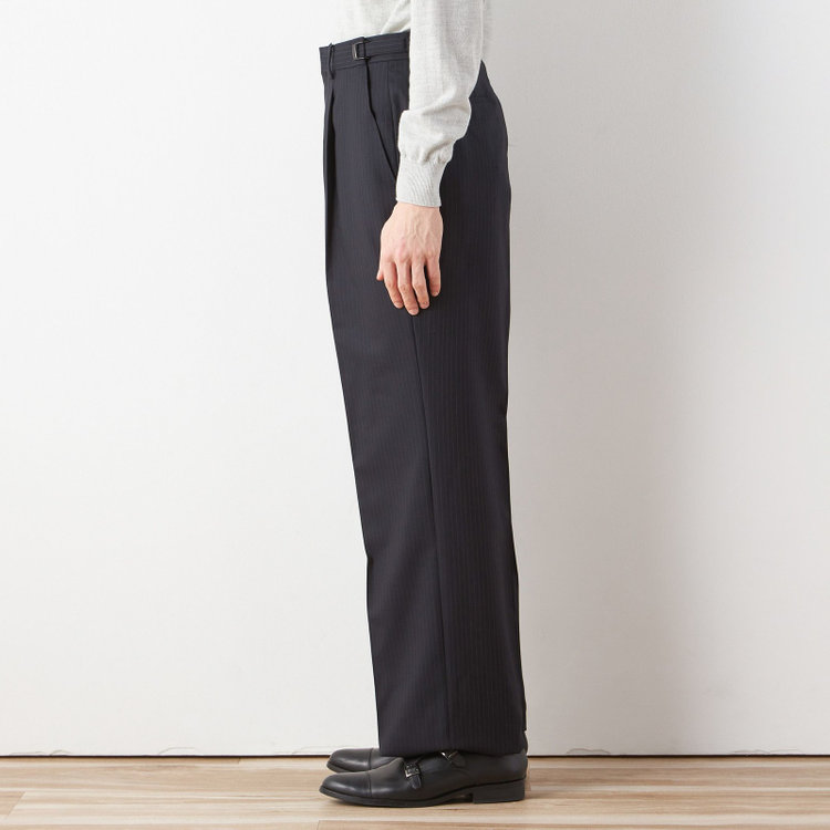 ソノタ 【BLACK LINE】1タックワイドシルエットパンツ/ネイビー×ストライプ/NEW ZEALAND WOOL MIX/※裾上げ必要 紺中間