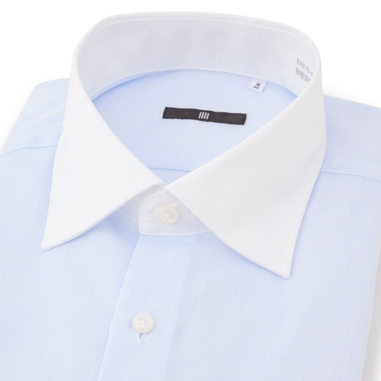 ブラックライン 【発送在庫あり】【BLACK LINE】【形態安定】クレリックワイドカラーワイシャツ/襟袖口：ホワイト+ブルー×ドビー 青淡色