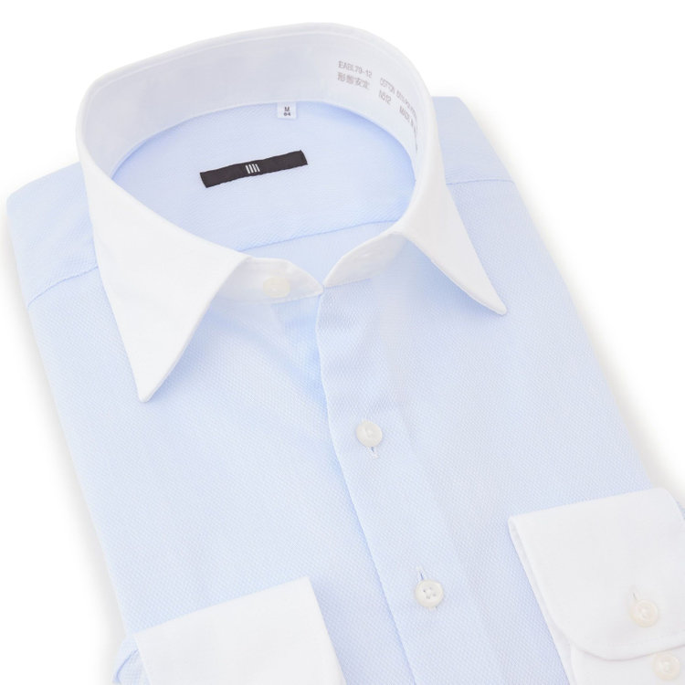 ブラックライン 【発送在庫あり】【BLACK LINE】【形態安定】クレリックワイドカラーワイシャツ/襟袖口：ホワイト+ブルー×ドビー 青淡色