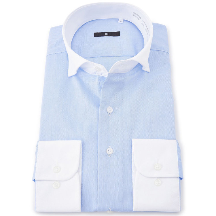 ブラックライン 【BLACK LINE】【形態安定】クレリックホリゾンタルワイドスナップダウンワイシャツ/襟袖口：ホワイト+ブルー×ソリッド 青中間