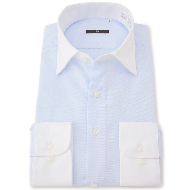 ブラックライン 【発送在庫あり】【BLACK LINE】【形態安定】クレリックワイドカラーワイシャツ/襟袖口：ホワイト+ブルー×ドビー 青淡色