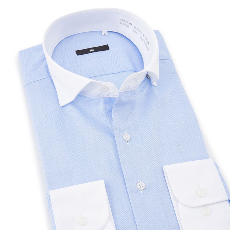 ブラックライン 【BLACK LINE】【形態安定】クレリックホリゾンタルワイドスナップダウンワイシャツ/襟袖口：ホワイト+ブルー×ソリッド 青中間