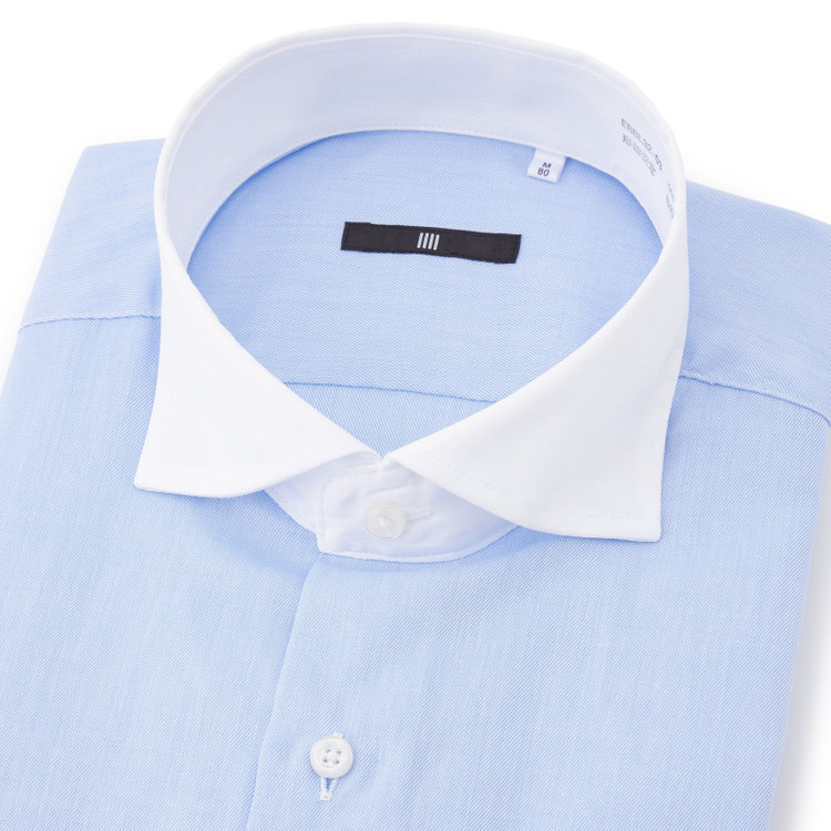 ブラックライン 【BLACK LINE】【形態安定】クレリックホリゾンタルワイドスナップダウンワイシャツ/襟袖口：ホワイト+ブルー×ソリッド 青中間