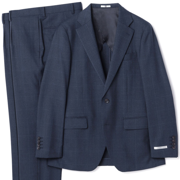 シルバーライン 【発送在庫あり】【CLASSICO TAPERED】【秋冬】スペアパンツ付き/2釦シングルスーツ 1タック/ネイビー×グレンチェックオーバーペン/ウォッシャブル/※裾上げ必要 青中間