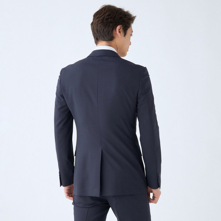 ブラックライン 【SLIM TAPERED_2】【春夏】2釦シングルスーツ 0タック/ネイビー×シャドー/ウエストシャーリング/4S SUSTAINABILITY&ECOLOGY FABRIC/※パンツ裾上げ済仕様 紺中間