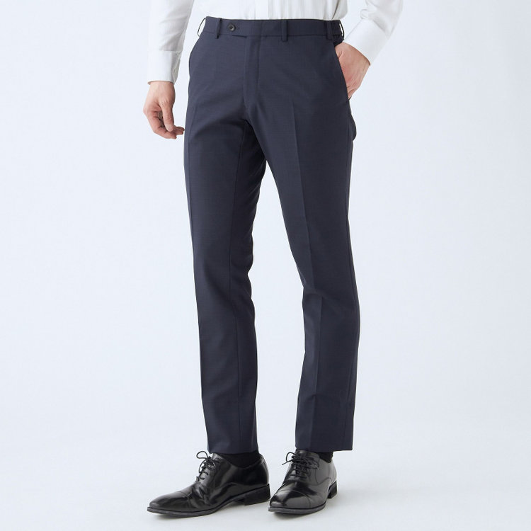ブラックライン 【SLIM TAPERED_2】【春夏】2釦シングルスーツ 0タック/ネイビー×シャドー/ウエストシャーリング/4S SUSTAINABILITY&ECOLOGY FABRIC/※パンツ裾上げ済仕様 紺中間