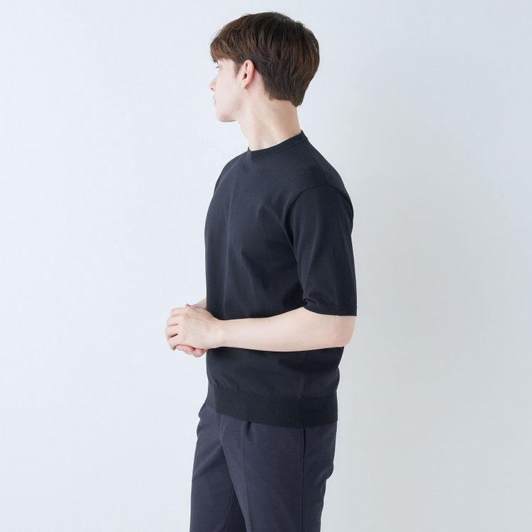 スーツセレクト 【RBC】【5分袖】コットンブレンドクルーネックニット/ネイビー/マシンウォッシャブル 紺中間