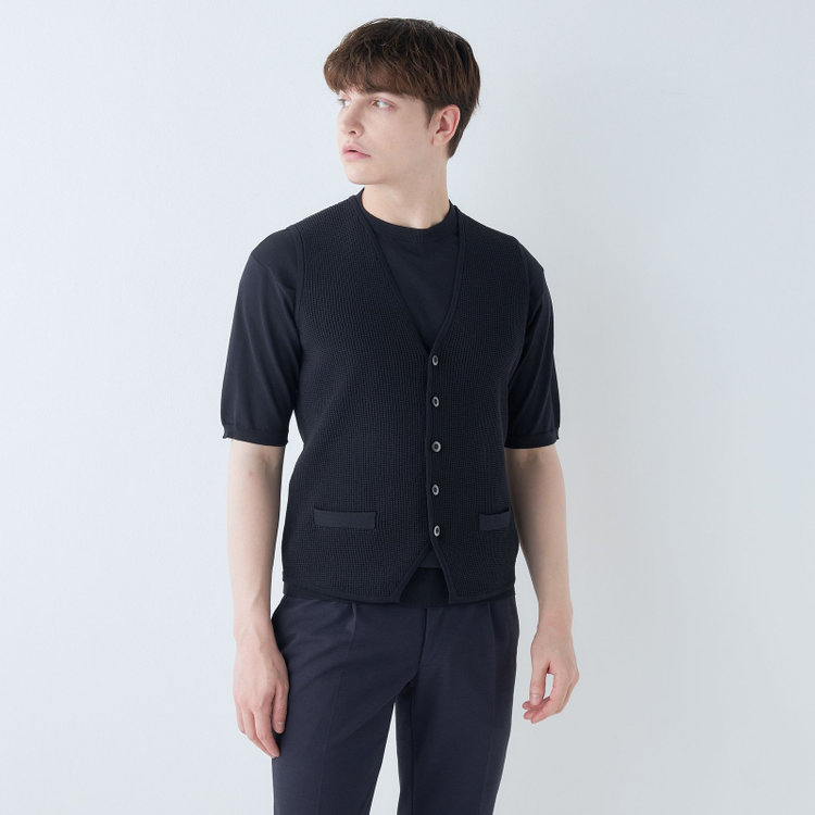 スーツセレクト 【RBC】【5分袖】コットンブレンドクルーネックニット/ネイビー/マシンウォッシャブル 紺中間