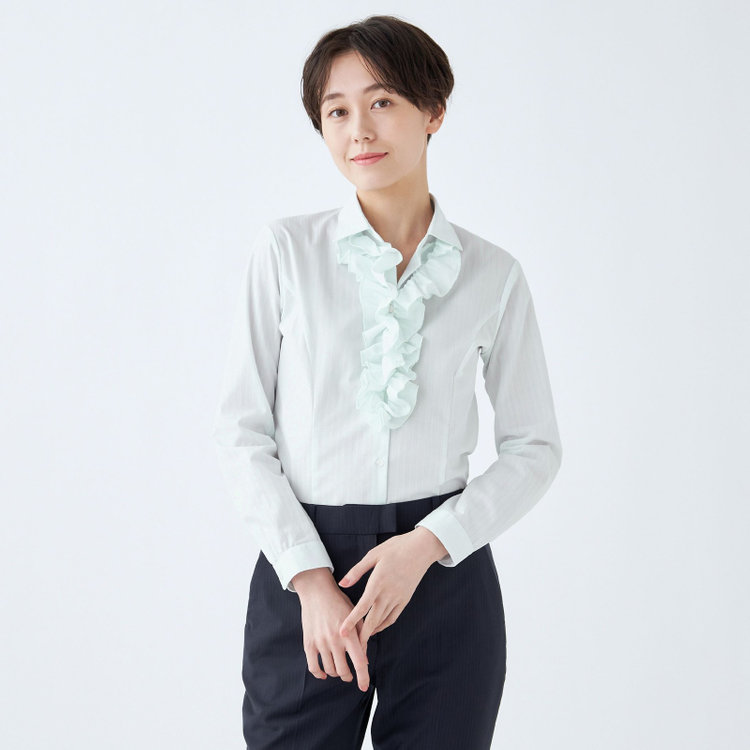 ソノタ 【SUIT SELECT×Samantha Thavasa】【長袖】リボン&フリル取り外しスキッパー/ミント×ドビーストライプ 緑淡色