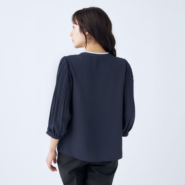 シルバーライン 【SILVER LINE/7分袖】配色切り替えバンドカラープルオーバー/ネイビー/「ウォッシャブル可能」「2WAYストレッチ」「防シワ」「UV加工」「接触冷感」 紺中間