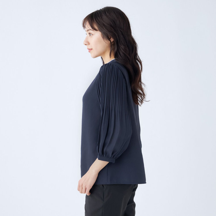 シルバーライン 【SILVER LINE/7分袖】配色切り替えバンドカラープルオーバー/ネイビー/「ウォッシャブル可能」「2WAYストレッチ」「防シワ」「UV加工」「接触冷感」 紺中間