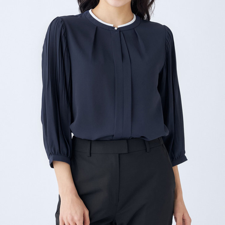 シルバーライン 【SILVER LINE/7分袖】配色切り替えバンドカラープルオーバー/ネイビー/「ウォッシャブル可能」「2WAYストレッチ」「防シワ」「UV加工」「接触冷感」 紺中間