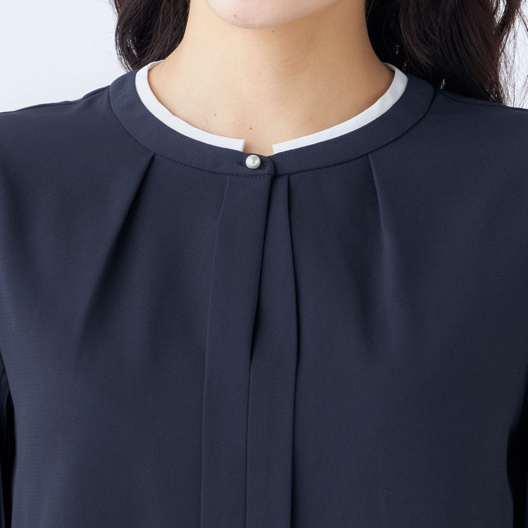 シルバーライン 【SILVER LINE/7分袖】配色切り替えバンドカラープルオーバー/ネイビー/「ウォッシャブル可能」「2WAYストレッチ」「防シワ」「UV加工」「接触冷感」 紺中間